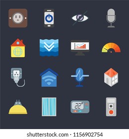 Set Of 16 icons such as Intercom, Thermostat, Window, Lightbulb, Home, Plug, Dashboard on black background, web UI editable icon pack