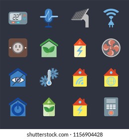 Set Of 16 icons such as Intercom, Home, Eco home, Smart Thermostat, Plug, Home on black background, web UI editable icon pack
