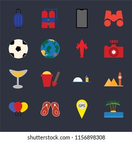 Set Of 16 icons such as Island, Gps, Flip flops, Balloon, Landmark, Luggage, Ball, Cocktail, Airplane on black background, web UI editable icon pack