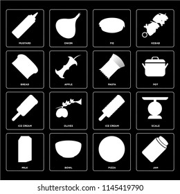 Set Of 16 icons such as Jam, Pizza, Bowl, Milk, Scale, Mustard, Bread, Ice cream, Pasta, web UI editable icon pack, pixel perfect