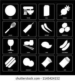 Set Of 16 icons such as Jam, Pasta, Coconut, Hot dog, Cucumber, Pizza, Whisk, Glass, Pepper, web UI editable icon pack, pixel perfect