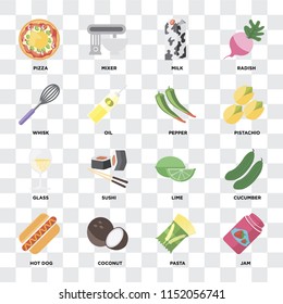 Set Of 16 icons such as Jam, Pasta, Coconut, Hot dog, Cucumber, Pizza, Whisk, Glass, Pepper on transparent background, pixel perfect