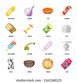 Set Of 16 icons such as Jam, Pizza, Bowl, Milk, Scale, Mustard, Bread, Ice cream, Pasta, web UI editable icon pack, pixel perfect