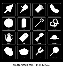 Set Of 16 icons such as Jawbreaker, Glass, Pasta, Pumpkin, Pudding, Ice cream, Pizza, Teapot, Spatula, web UI editable icon pack, pixel perfect