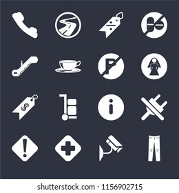 Set Of 16 icons such as Jeans, Cctv, Hospital, Warning, No plug, Telephone, Escalator, Price, parking on black background, web UI editable icon pack