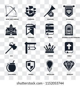 Set Of 16 icons such as Jewelry, Necklace, Shield, Cauldron, Bible, Bow and arrow, Castle, Axe, Book on transparent background, pixel perfect