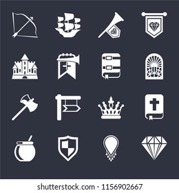 Set Of 16 icons such as Jewelry, Necklace, Shield, Cauldron, Bible, Bow and arrow, Castle, Axe, Book on black background, web UI editable icon pack