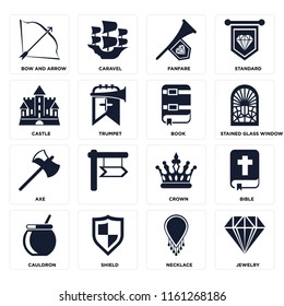 Set Of 16 icons such as Jewelry, Necklace, Shield, Cauldron, Bible, Bow and arrow, Castle, Axe, Book, web UI editable icon pack, pixel perfect