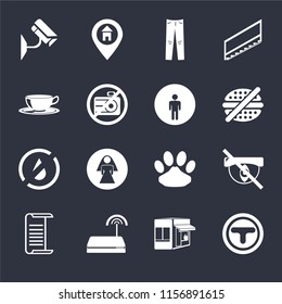 Set Of 16 icons such as Junction, Store, Wifi, List, Hidden, Cctv, Coffee cup, No water, Restroom on black background, web UI editable icon pack