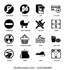 Set Of 16 icons such as Junction, Rats, Purse, Roads, Fast food, No parking, Forbidden, Radiation, plug, web UI editable icon pack, pixel perfect