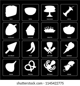 Set Of 16 icons such as Kebab, Octopus, Pretzel, Onion, Grinder, Taco, Hazelnut, Ice cream, Risotto, web UI editable icon pack, pixel perfect