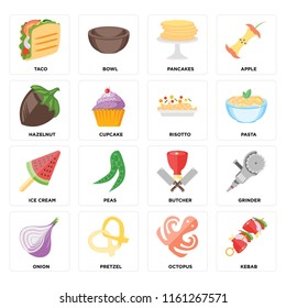 Set Of 16 icons such as Kebab, Octopus, Pretzel, Onion, Grinder, Taco, Hazelnut, Ice cream, Risotto, web UI editable icon pack, pixel perfect