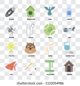 Set Of 16 icons such as Kennel, Platform, Toy, Fish, Water tank, Razor, Spider, Trophy, Ball on transparent background, pixel perfect