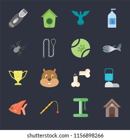 Set Of 16 icons such as Kennel, Platform, Toy, Fish, Water tank, Razor, Spider, Trophy, Ball on black background, web UI editable icon pack