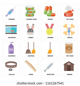 Set Of 16 icons such as Kennel, Injection, Comb, Collar, Pet food, Syringe, Aquarium, Shampoo, Winner, web UI editable icon pack, pixel perfect