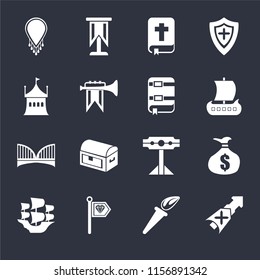 Set Of 16 icons such as Lance, Torch, Standard, Caravel, Money bag, Necklace, Tent, Bridge, Book on black background, web UI editable icon pack