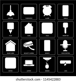 Set Of 16 icons such as Leak, Sensor, Laptop, Switch, Voice control, Lighting, Plug, Smart home, web UI editable icon pack, pixel perfect