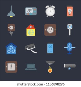 Set Of 16 icons such as Leak, Sensor, Laptop, Switch, Voice control, Lighting, Plug, Smart home, Plug on black background, web UI editable icon pack