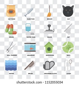Set Of 16 icons such as Leash, Grooming glove, Brush, Water, Ball, Cat food, Drugs, Nail trimmer, Snake on transparent background, pixel perfect