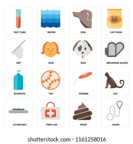 Set Of 16 icons such as Leash, Poop, First aid, Litter box, Cat, Test tube, Net, Shampoo, Dog, web UI editable icon pack, pixel perfect