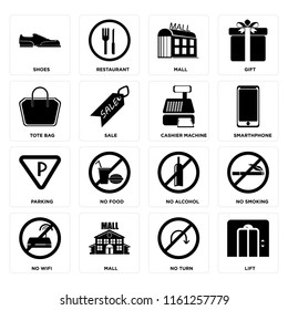 Set Of 16 icons such as Lift, No turn, Mall, wifi, smoking, Shoes, Tote bag, Parking, Cashier machine, web UI editable icon pack, pixel perfect