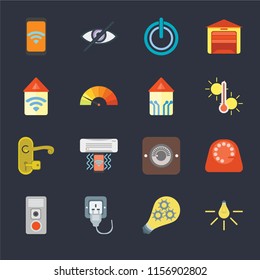 Set Of 16 icons such as Light, Smart, Plug, Intercom, Dial, Mobile, Automation, Handle, Smart home on black background, web UI editable icon pack