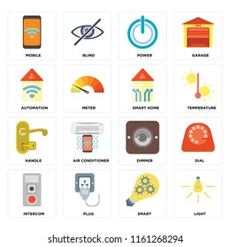 Set Of 16 icons such as Light, Smart, Plug, Intercom, Dial, Mobile, Automation, Handle, Smart home, web UI editable icon pack, pixel perfect