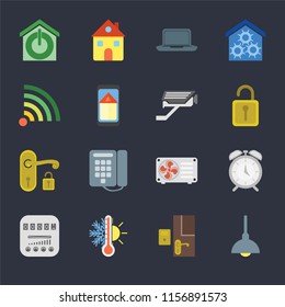 Set Of 16 icons such as Lighting, Doorbell, Thermostat, Meter, Alarm, Smart home, Wifi, Handle, Cctv on black background, web UI editable icon pack