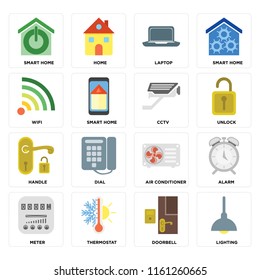 Set Of 16 icons such as Lighting, Doorbell, Thermostat, Meter, Alarm, Smart home, Wifi, Handle, Cctv, web UI editable icon pack, pixel perfect