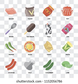 Set Of 16 icons such as Lime, Cucumber, Salt, Sausage, Pasta, Bacon, Whisk, Pepper, Milk on transparent background, pixel perfect
