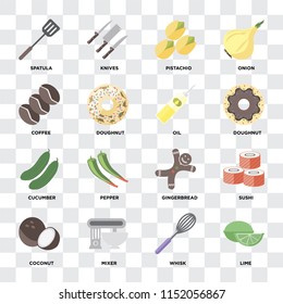 Set Of 16 icons such as Lime, Whisk, Mixer, Coconut, Sushi, Spatula, Coffee, Cucumber, Oil on transparent background, pixel perfect