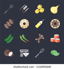 Set Of 16 icons such as Lime, Whisk, Mixer, Coconut, Sushi, Spatula, Coffee, Cucumber, Oil on black background, web UI editable icon pack