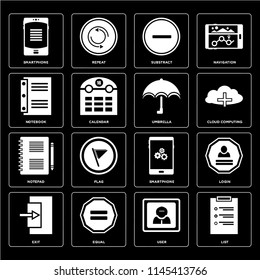 Set Of 16 icons such as List, User, Equal, Exit, Login, Smartphone, Notebook, Notepad, Umbrella, web UI editable icon pack, pixel perfect