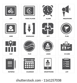 Set Of 16 icons such as List, Smartphone, Calendar, Notepad, Id card, App, User, Map, Gift, web UI editable icon pack, pixel perfect