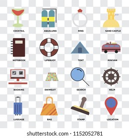 Set Of 16 icons such as Location, Stamp, Bag, Luggage, Helm, Cocktail, Notebook, Booking, Tent on transparent background, pixel perfect