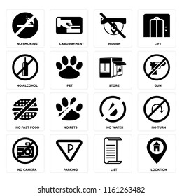 Set Of 16 icons such as Location, List, Parking, No camera, turn, smoking, alcohol, fast food, Store, web UI editable icon pack, pixel perfect