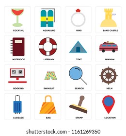 Set Of 16 icons such as Location, Stamp, Bag, Luggage, Helm, Cocktail, Notebook, Booking, Tent, web UI editable icon pack, pixel perfect