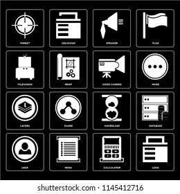 Set Of 16 icons such as Lock, Calculator, Menu, User, Database, Target, Television, Layers, Video camera, web UI editable icon pack, pixel perfect