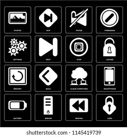 Set Of 16 icons such as Lock, Rewind, Server, Battery, Smartphone, Photos, Settings, Restart, Stop, web UI editable icon pack, pixel perfect
