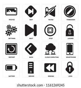 Set Of 16 icons such as Lock, Rewind, Server, Battery, Smartphone, Photos, Settings, Restart, Stop, web UI editable icon pack, pixel perfect