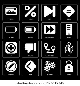 Set Of 16 icons such as Locked, Settings, Back, Forbidden, Map, Photos, Battery, Add, Fast forward, web UI editable icon pack, pixel perfect