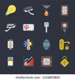 Set Of 16 icons such as Locked, Plug, Chart, Smart home, Handle, Light, Cctv, Mobile phone, key on black background, web UI editable icon pack