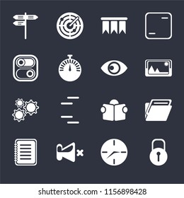 Set Of 16 icons such as Locked, Clock, Mute, Note, Folder, Street, Switch, Settings, View on black background, web UI editable icon pack