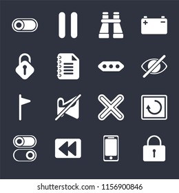 Set Of 16 icons such as Locked, Smartphone, Rewind, Switch, Restart, Unlocked, Flag, More on black background, web UI editable icon pack