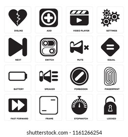 Set Of 16 icons such as Locked, Stopwatch, Frame, Fast forward, Fingerprint, Dislike, Next, Battery, Mute, web UI editable icon pack, pixel perfect
