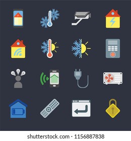 Set Of 16 icons such as Locking, Browser, Remote, Smart home, Air conditioner, Home, Smart, Heating on black background, web UI editable icon pack