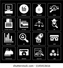 Set Of 16 icons such as Loss, Analytics, Browser, Shopping bag, Shop, Payment method, Sitemap, web UI editable icon pack, pixel perfect