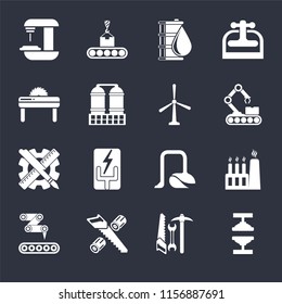 Set Of 16 icons such as Machine press, Tools, Wood cutting, Conveyor, Factory, Machine, Saw, Planning, Windmill on black background, web UI editable icon pack
