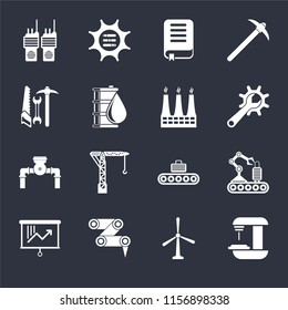 Set Of 16 icons such as Machine, Windmill, Robot arm, Planning, Conveyor, Walkie talkie, Tools, Pump, Factory on black background, web UI editable icon pack