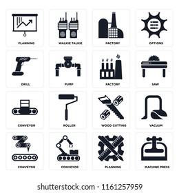 Set Of 16 icons such as Machine press, Planning, Conveyor, Vacuum, Drill, Factory, web UI editable icon pack, pixel perfect